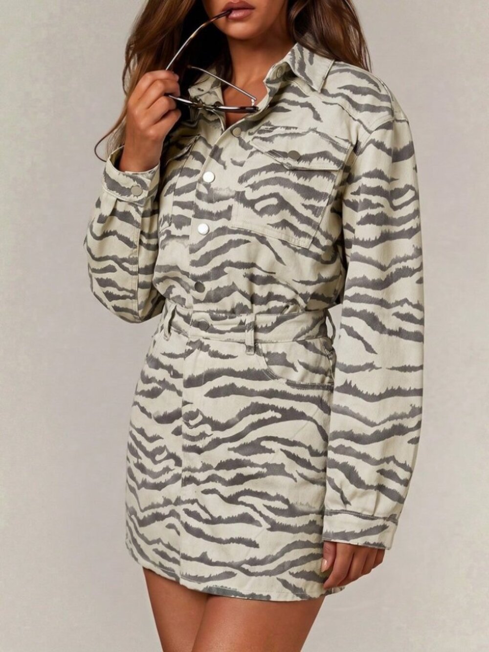 Cream Zebra Print Denim Shirt Dress - Collared Snap Front Mini